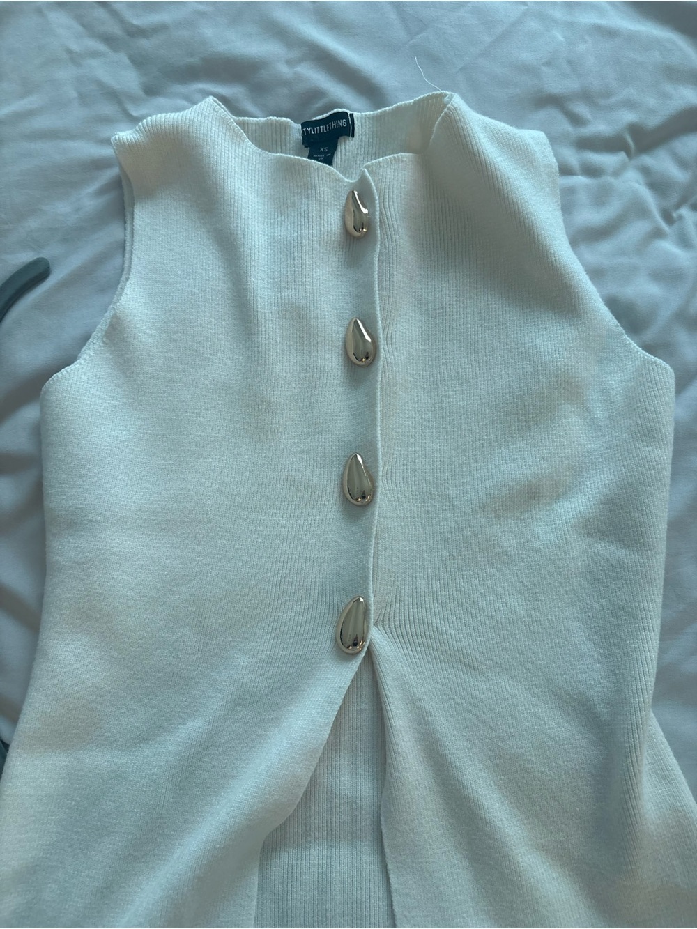 PrettyLittleThing White Ribbed Sleeveless Top with Silver Teardrop Buttons
